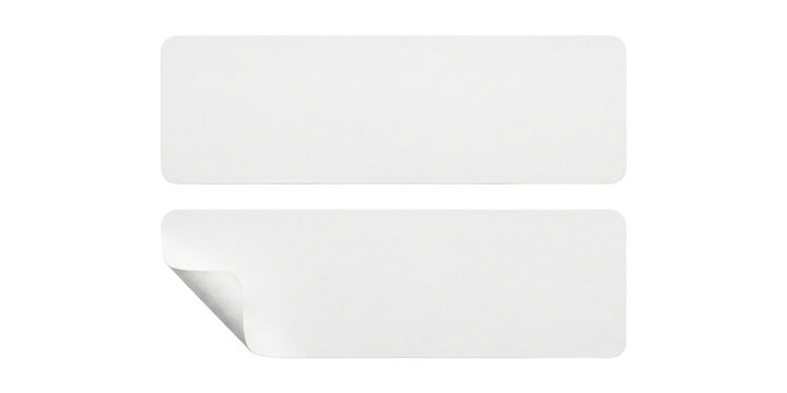 Blank rectangular adhesive paper labels with rounded corners and one curled edge for custom branding design elements on transparent background with perspective one which PNG