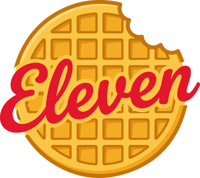 bitten golden waffle with eleven handwritten typography text logo vector illustration for breakfast food branding and menu design