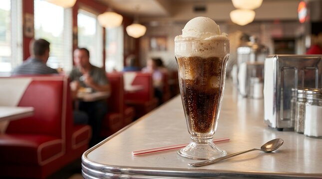 Classic Root Beer Float with Vanilla Ice Cream in Retro American Diner Setting.
