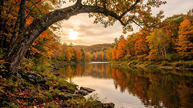 Autumn and spring transition vibrant fall foliage reflected in calm lake with mountain backdrop