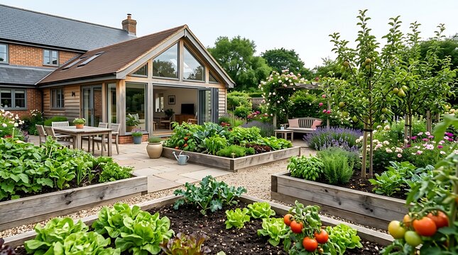 Lush Backyard Kitchen Garden with Gabled Home Extension and Dining Patio