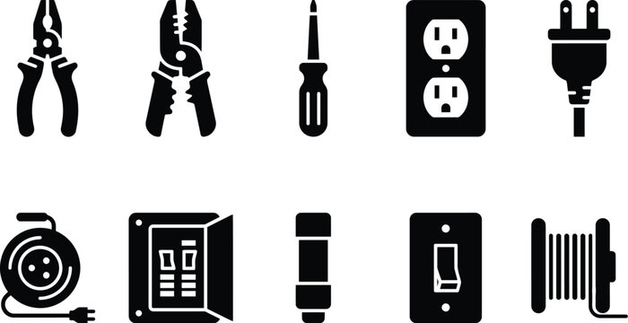 Set of electrical maintenance tools and equipment icons for professional repair service infrastructure.