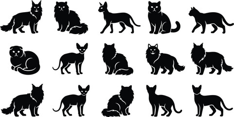 Fototapeta premium Collection of domestic cat silhouettes showing various breeds and poses for pet lovers and art print.