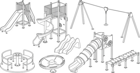 Black and white line art vector collection of outdoor playground equipment and park slide sets © ABDUL