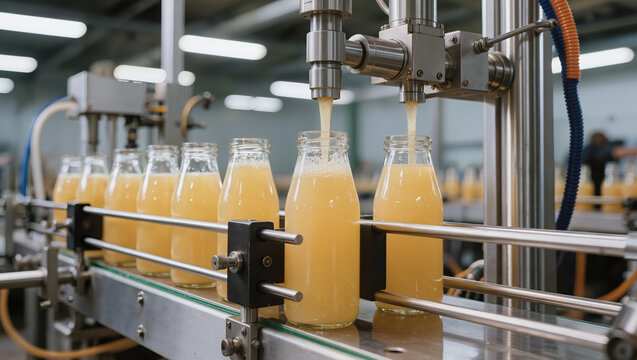Automated filling line processing fruit juice into glass bottles. Concept of industrial food production, beverage manufacturing, automated assembly lines, and factory packaging