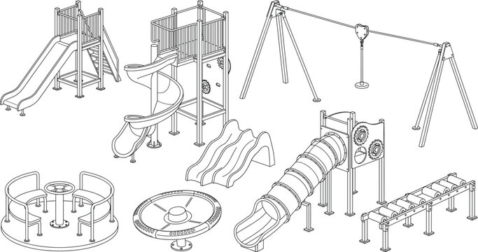 Black and white line art vector collection of outdoor playground equipment and park slide sets
