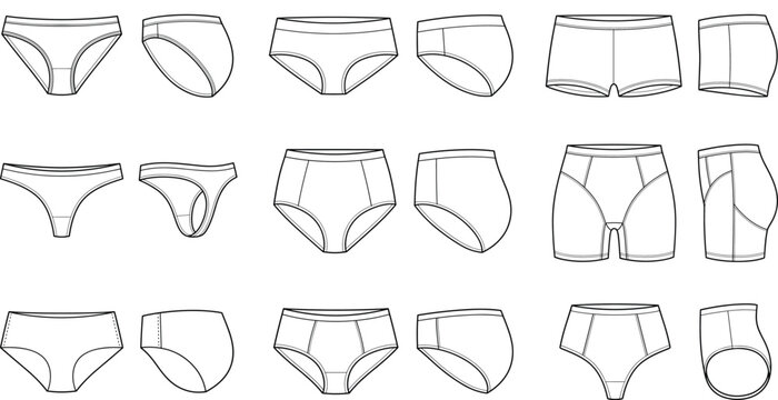 Black and White Line Art Womens Underwear Set with Panties Briefs Boyshorts Technical Flat Sketches Vector