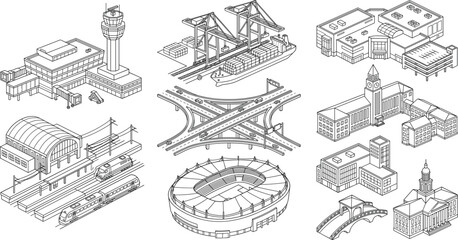 Fototapeta premium Isometric vector line art set of city buildings infrastructure and transportation hubs