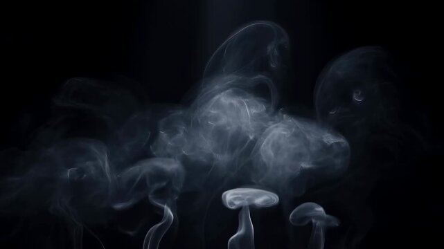 Pale blue-gray smoke plumes rising in layered tendrils against deep black, with soft glow, rounded caps, curling wisps, and moody contrast across wide horizontal composition
