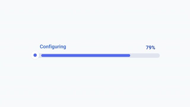 Flat vector illustration of a modern configuring progress bar with percentage indicator, representing system configuration, software setup, loading status, and digital workflow.