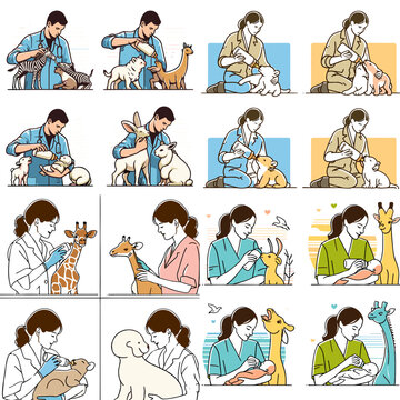 Zookeeper bottle-feeding baby animal . Vet caring for various animals in illustrated scenes of compassion  
