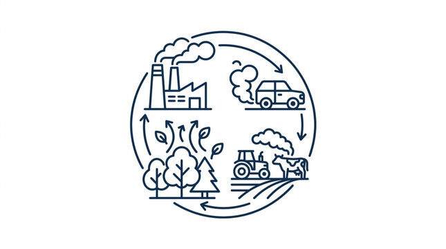 Circular illustration of industry agriculture and environment.