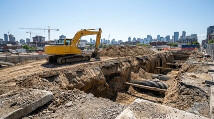 Fototapeta premium Yellow Excavator Working at Urban Construction Site for Pipeline Infrastructure, City Development Project Website Banner Background