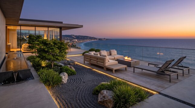 Modern luxury oceanfront patio at sunset.
