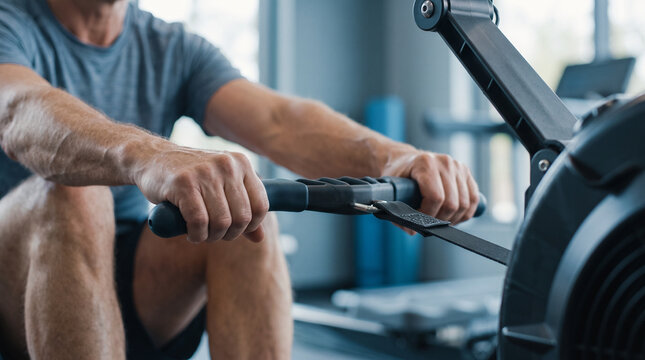 Man exercising on rowing machine in gym