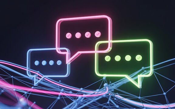 Three interconnected neon speech bubble in blue, pink, and green are rendered with glowing outlines and internal dots, set against a dark background with a complex network of illuminated lines and