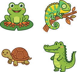 Fototapeta premium Cute Reptile and Amphibian Vector Icon Set Flat Illustration