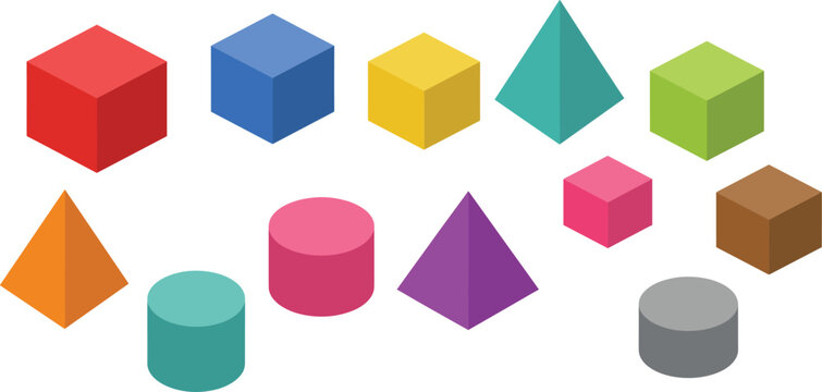 Colorful 3D Geometric Shape Vector Set Featuring Isometric Cubes Cylinders and Pyramids for Math Education Infographics Tech Layouts and Abstract Graphic Designs