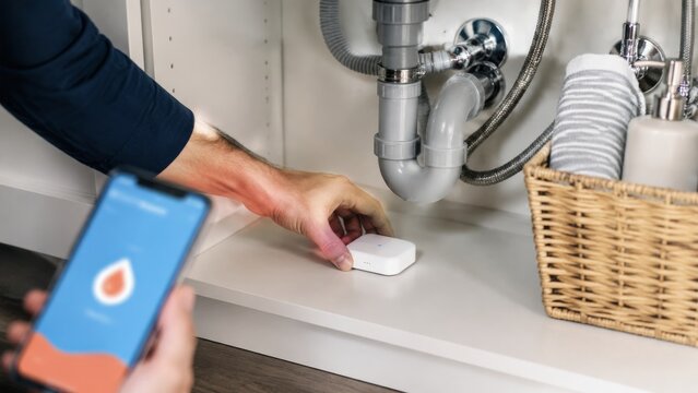 Smart Water Leak Detection Sensor Installed Under a Modern Kitchen Sink for Home Plumbing Protection