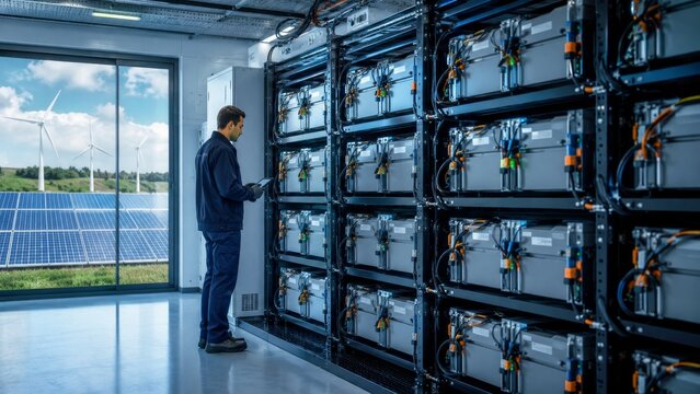 Second Life EV Battery Storage Facility with Technician in Modern Renewable Energy Microgrid Control Room