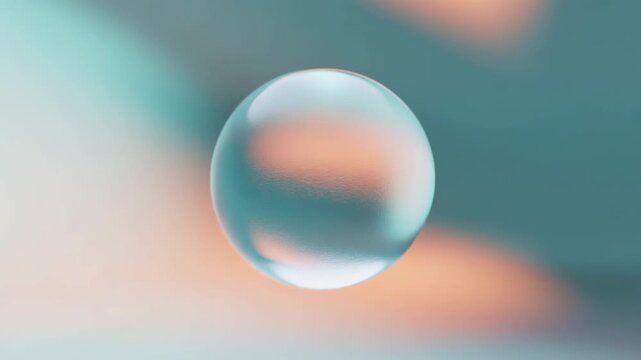 Translucent glass sphere hovering over soft aqua to peach gradient with subtle internal refraction, frosted texture, glossy rim highlights, calm luxury mood, with sphere, bubble, glass, translucent