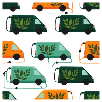 Colorful vector collection of modern delivery vans with leaf decals on sides, eco-friendly transportation concept for sustainable branding, logistics marketing, and green business advertising