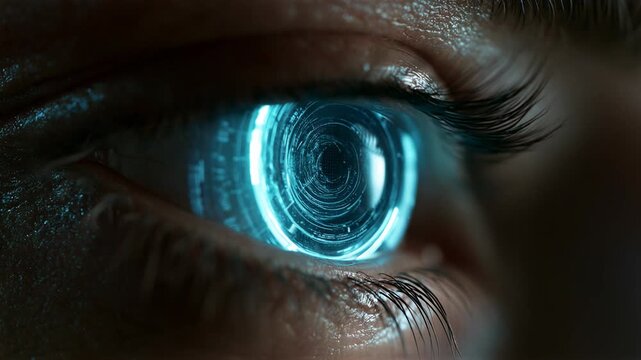 Woman with futuristic digital eye interface. Cybernetic eyeball scanning data. Concept of scanning technology and augmented reality vision for innovative development.