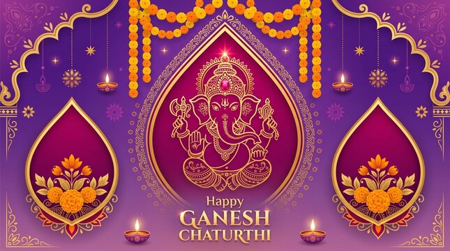 Happy ganesh chaturthi greetings with golden shiny lord ganesha most famous festivals in india with patterned and crystals on paper color background