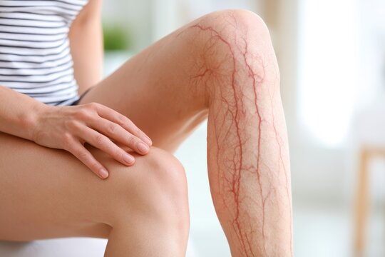 Female patient showing varicose veins on leg during medical phlebologist consultation. Close-up vascular disease symptom, phlebology surgery. Doctor checks health. Human vessel, arteries. Blood system