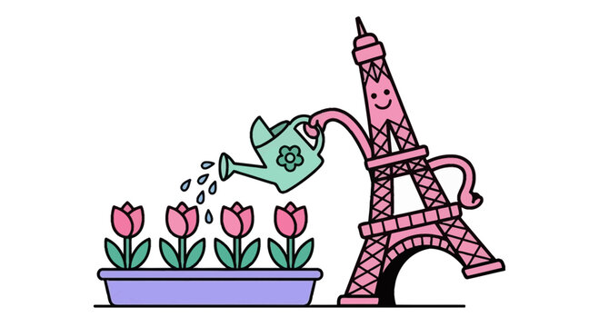 Eiffel tower vector pink vector watering spring flowers in garden