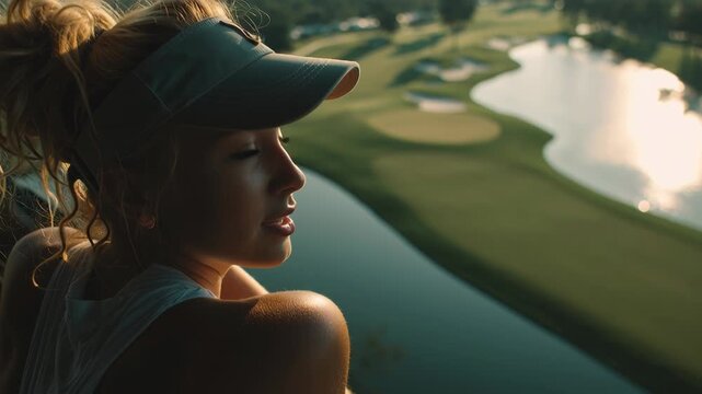 Young woman enjoying peaceful moment overlooking golf course at sunset.