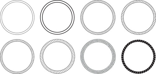 Round rope vector collection with circular rope symbols in multiple thicknesses for decorative frames, maritime themes, western emblems, packaging, branding and transparent background design elements. ©  