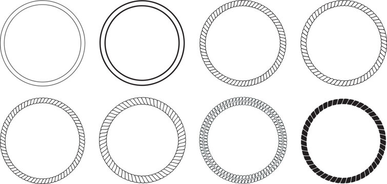 Round rope vector collection with circular rope symbols in multiple thicknesses for decorative frames, maritime themes, western emblems, packaging, branding and transparent background design elements.