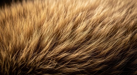 Fototapeta premium A detailed close-up shows the dense and bushy fur of a wild animal, highlighting soft golden highlights and deep brown shadows in nature, protective, tactile, fiber