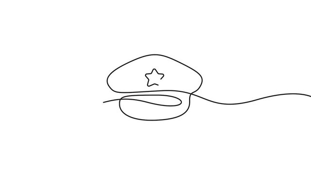 Police hat continuous line drawing animation for law enforcement branding design. Animated police hat, continuous line drawing style, perfect for law enforcement branding.