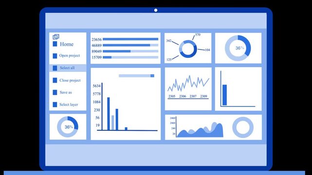 Laptop screen dashboard with multiple charts and sidebar menu animation