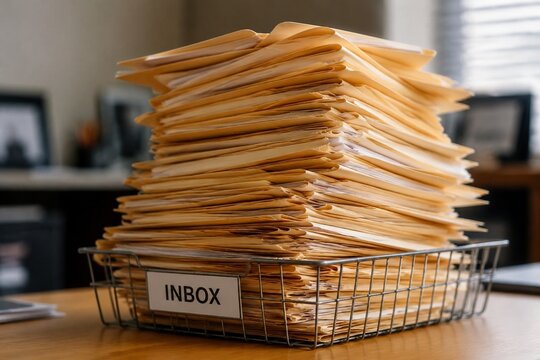 Overflowing wire inbox with unopened manila folders on a wooden desk.