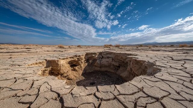 Dry cracked earth with a deep hole under a bright blue sky with scattered clouds.