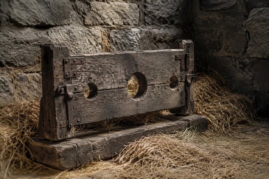 A rough wooden pillory in hay against a stone castle wall.