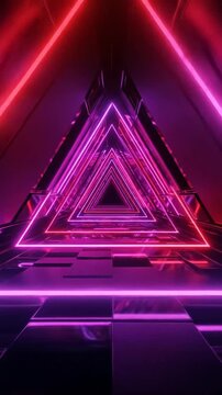 Futuristic Neon Triangular Tunnel with Pulsing Pink and Purple Lights for Dynamic Visual Effects