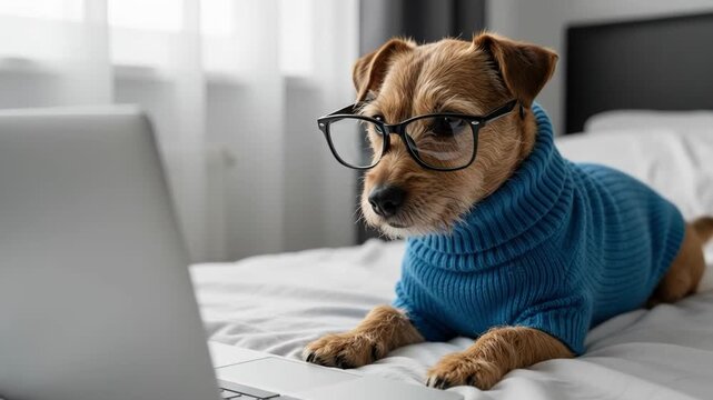 Dog wearing glasses using a laptop