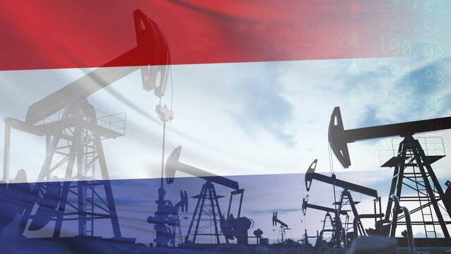 Crude oil pump jacks, financial data tables, and the Netherlands flag. Volatile energy markets, the role of oil exports, and tracking global economic indicators for international trade analysis.
