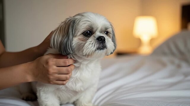 Small dog being pet on a bed