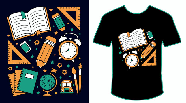 Design graphique vectoriel pour t-shirt repr&eacute;sentant des fournitures scolaires color&eacute;es comme un livre ouvert, un crayon, une &eacute;querre, un globe terrestre et un r&eacute;veil sur fond sombre.