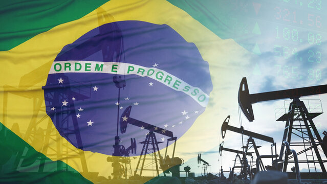 Crude oil pump jacks, financial data tables, and the Brazil flag. Volatile energy markets, the role of oil exports, and tracking global economic indicators for international trade analysis.