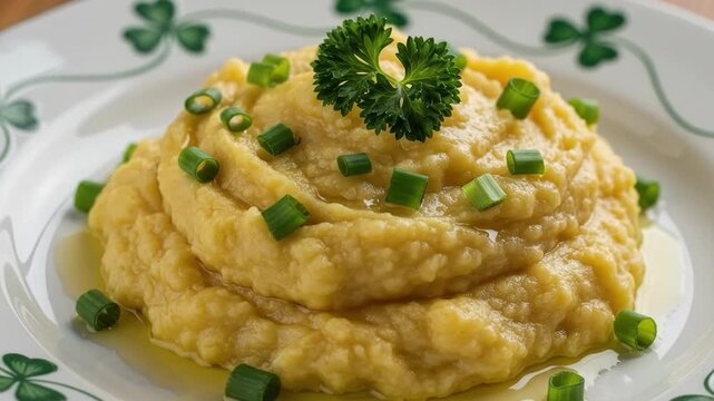 Mashed potatoes garnished with chives and parsley on a clover plate