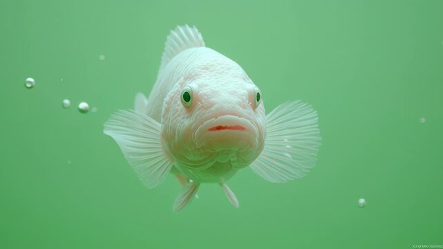 Close-up of a white fish swimming underwater with bubbles.