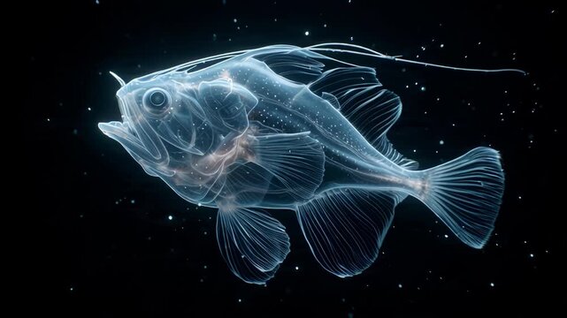 Detailed X-ray style image of a fish showing internal skeletal structure in dark background.