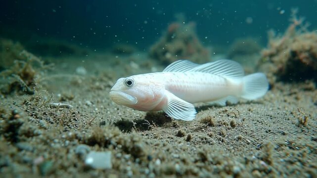 Small white fish resting on sandy ocean floor underwater.