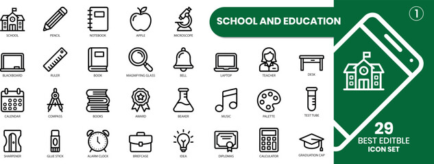 School and education icon set 29 editable icons. Education and Learning thin line icons set. Education, School, Learning editable stroke icons. Vector illustration © IMRAN